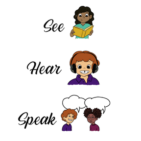 logo for See, Hear, Speak podcast showing a child reading, a child listening to headphones, and two people talking via speech bubbles
